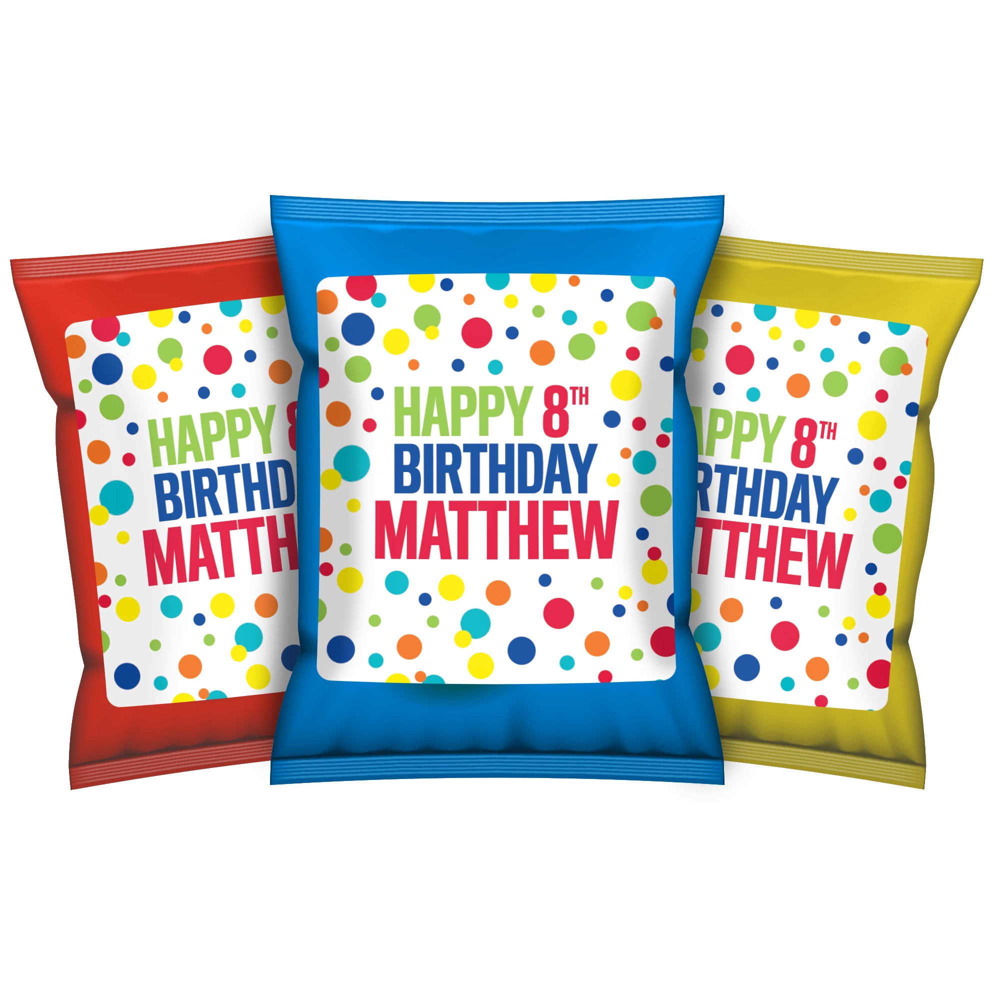 Personalized Rainbow Dots -  Kid's Birthday, Adult Birthday - Chip Bag and Snack Bag Stickers - 32 Pack